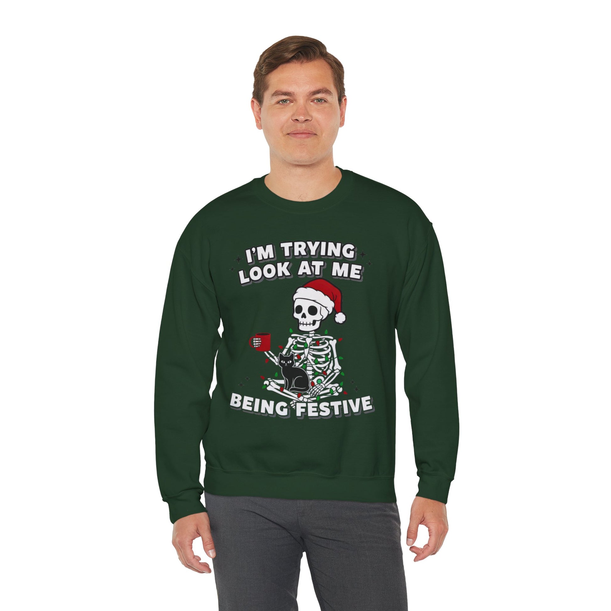 green  fleece crew with centered skeleton artwork, photo-friendly high-contrast graphic on clean product backdrop