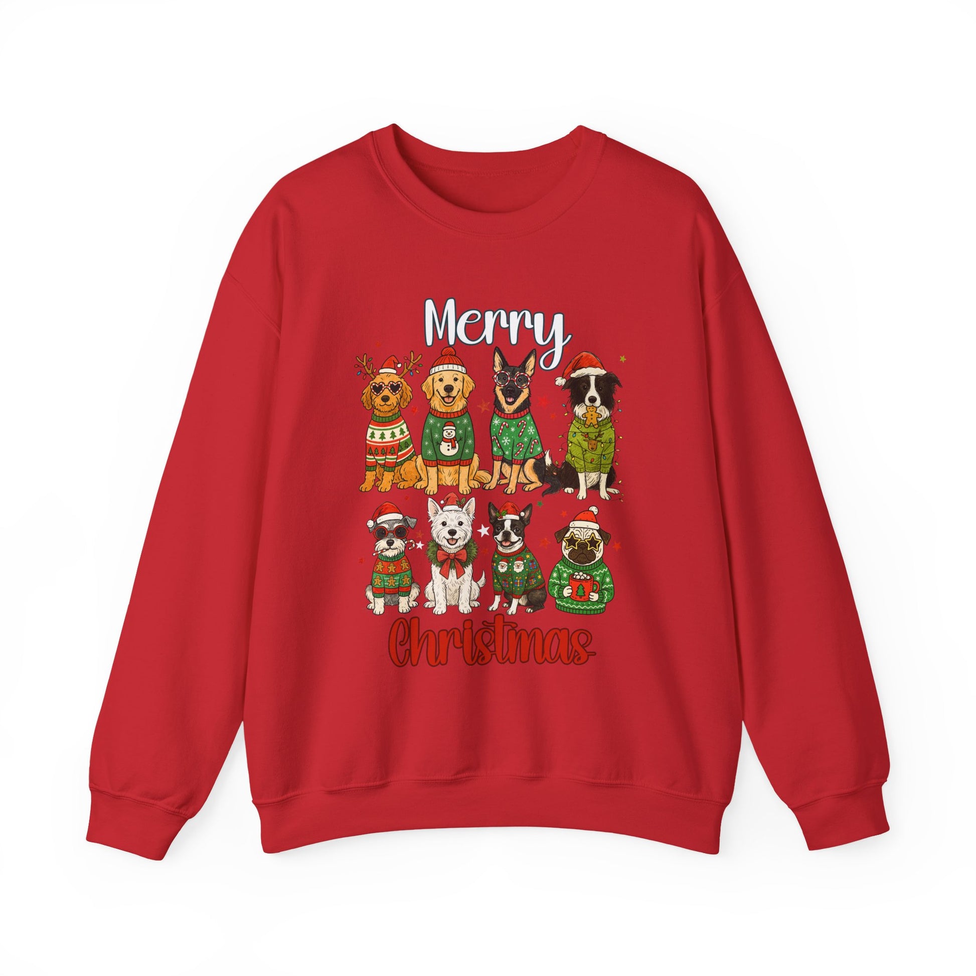 Red unisex dog Christmas sweatshirt featuring eight illustrated pups in matching holiday outfits, studio mockup