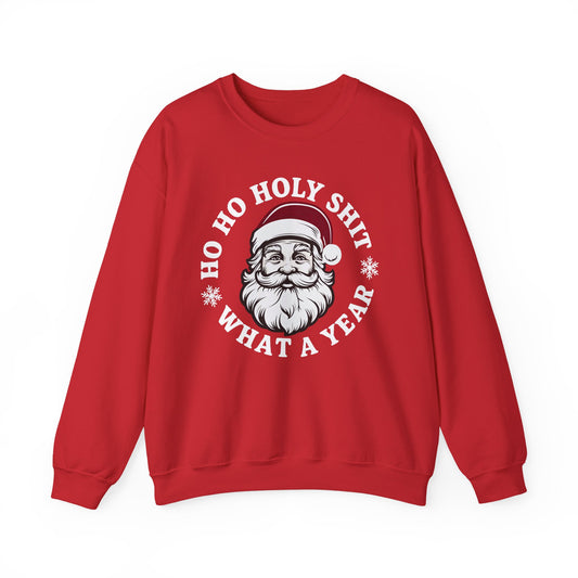 Red crewneck with funny Christmas typography design, relaxed fit shown flat for adult holiday wear