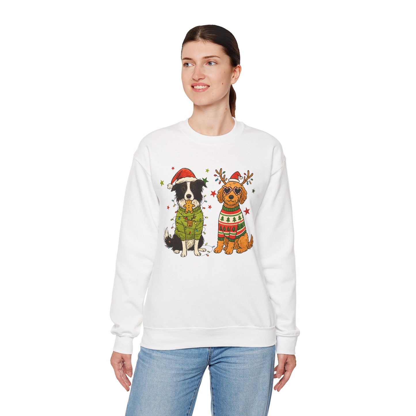 2 Dogs Christmas Sweatshirt Unisex Fleece Crew | GiftsMojo