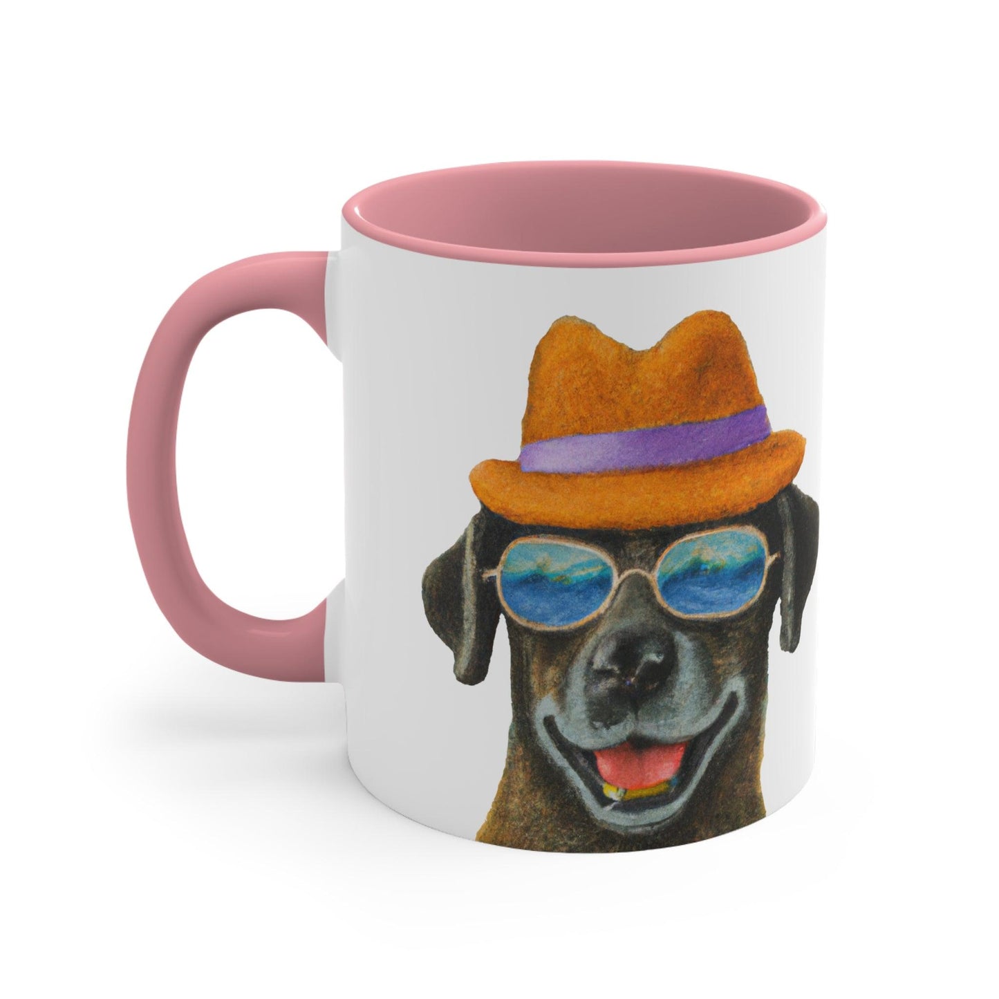 Dog at the beach wearing a hat and sunglasses painted art Accent Coffee Mug, 11oz - Giftsmojo