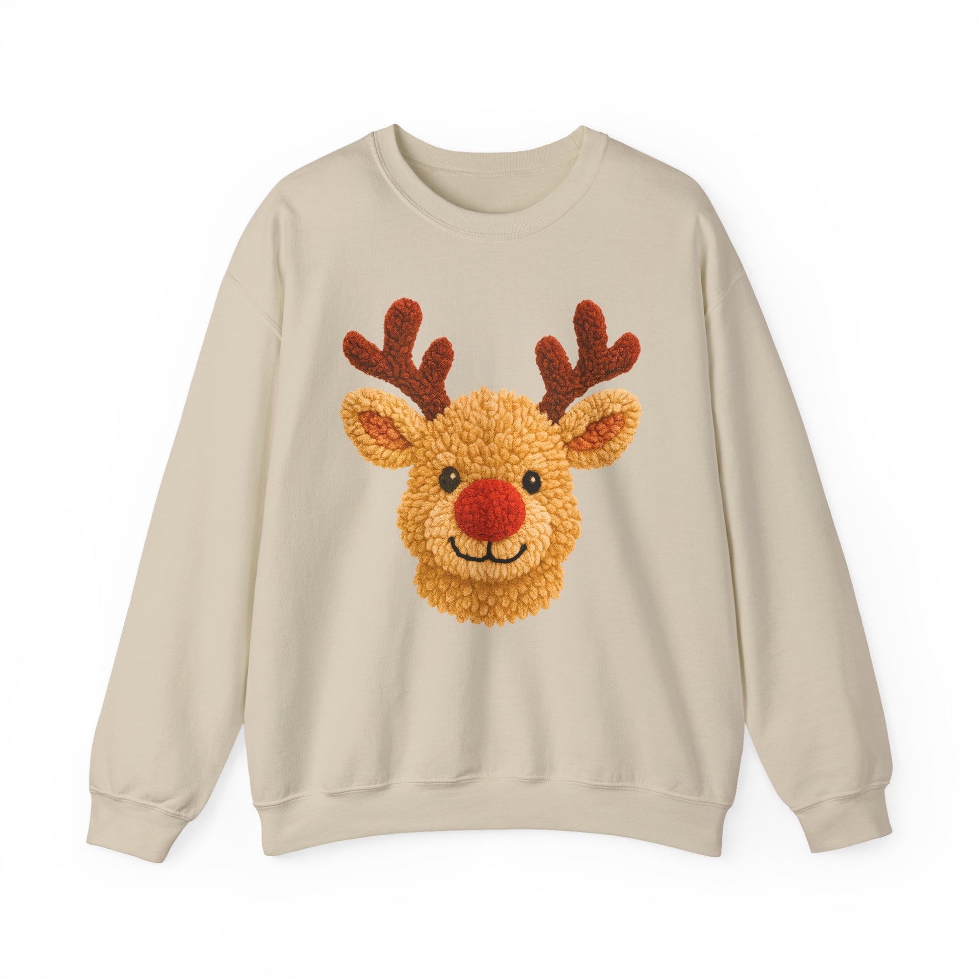 tan unisex sweatshirt with reindeer illustration, photo-ready graphic shown flat on clean backdrop