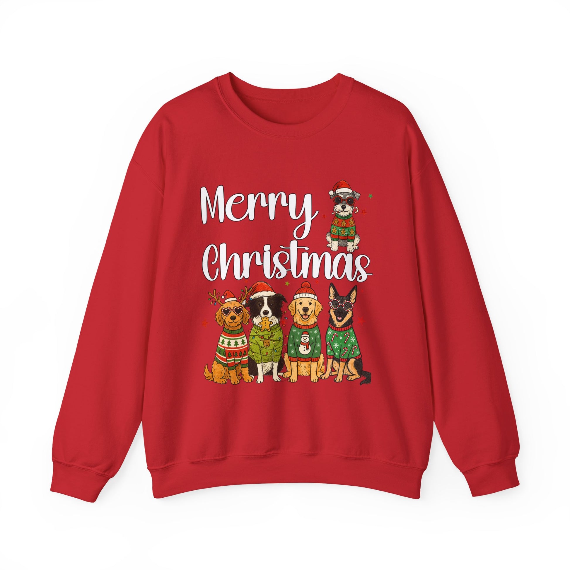 Red fleece crew with five-dog holiday illustration, relaxed unisex fit displayed flat on clean background