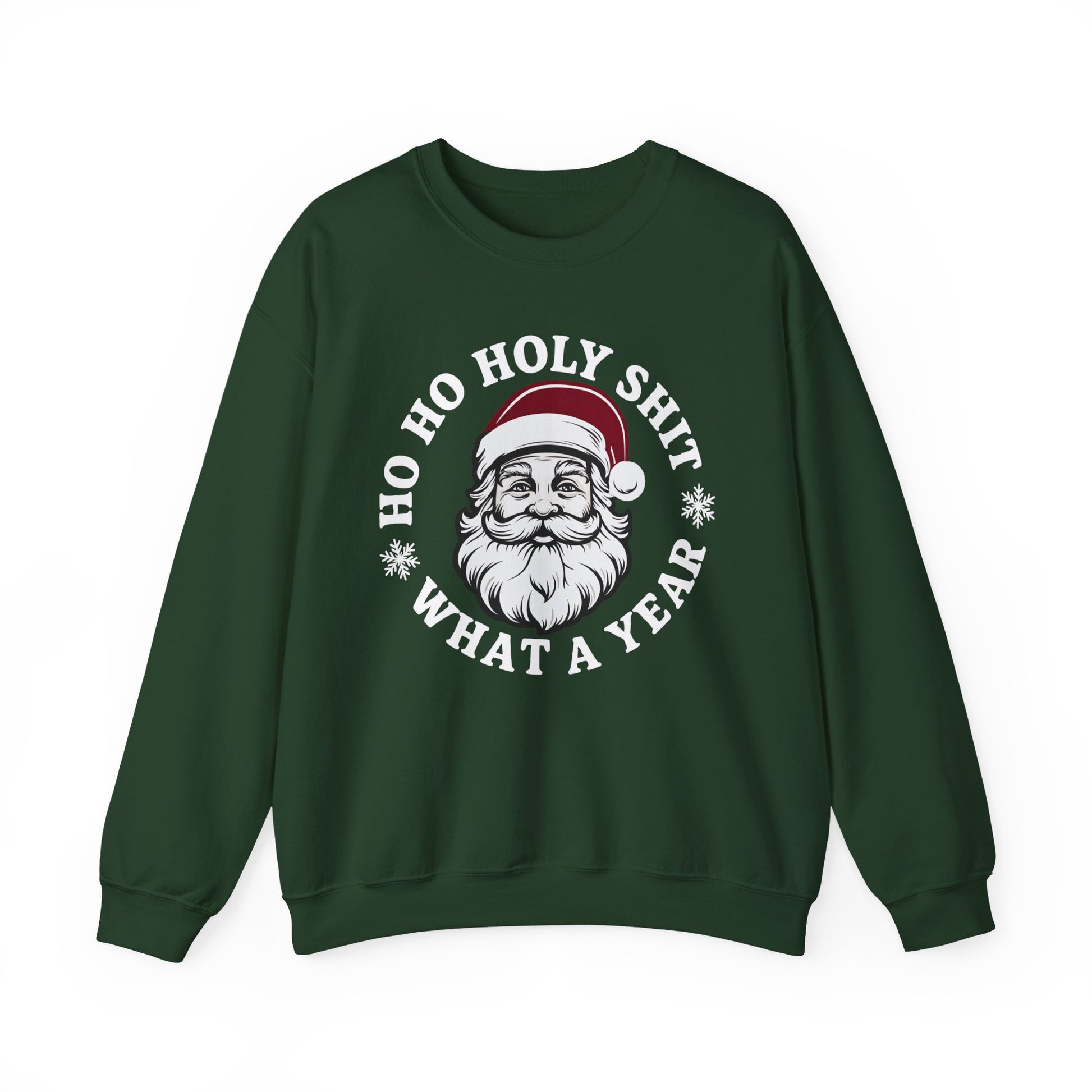 Forest green unisex fleece with humorous “Ho Ho Holy Shit” text graphic, ribbed collar and cuffs visible