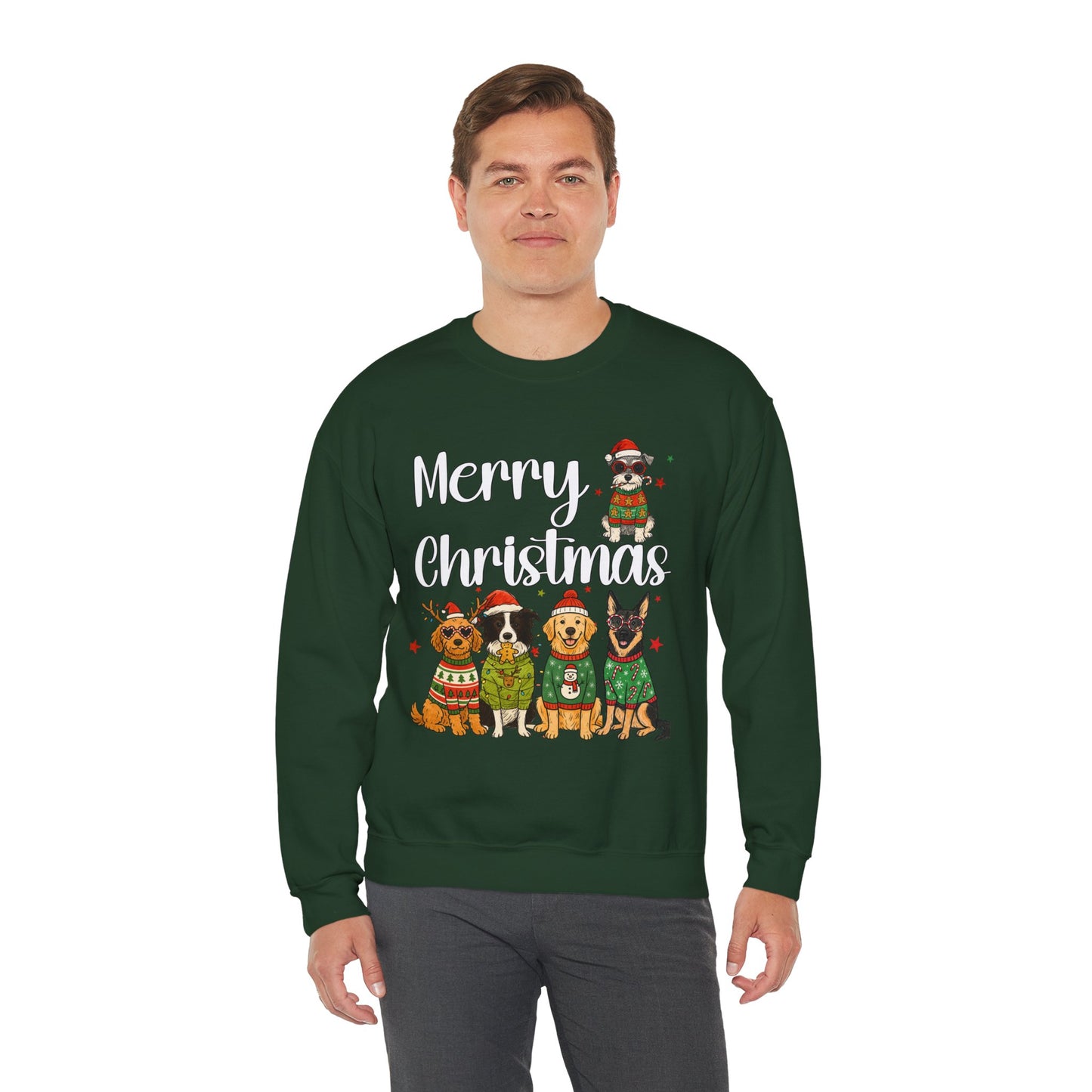 Close-up of five-dog artwork on green Christmas crewneck,