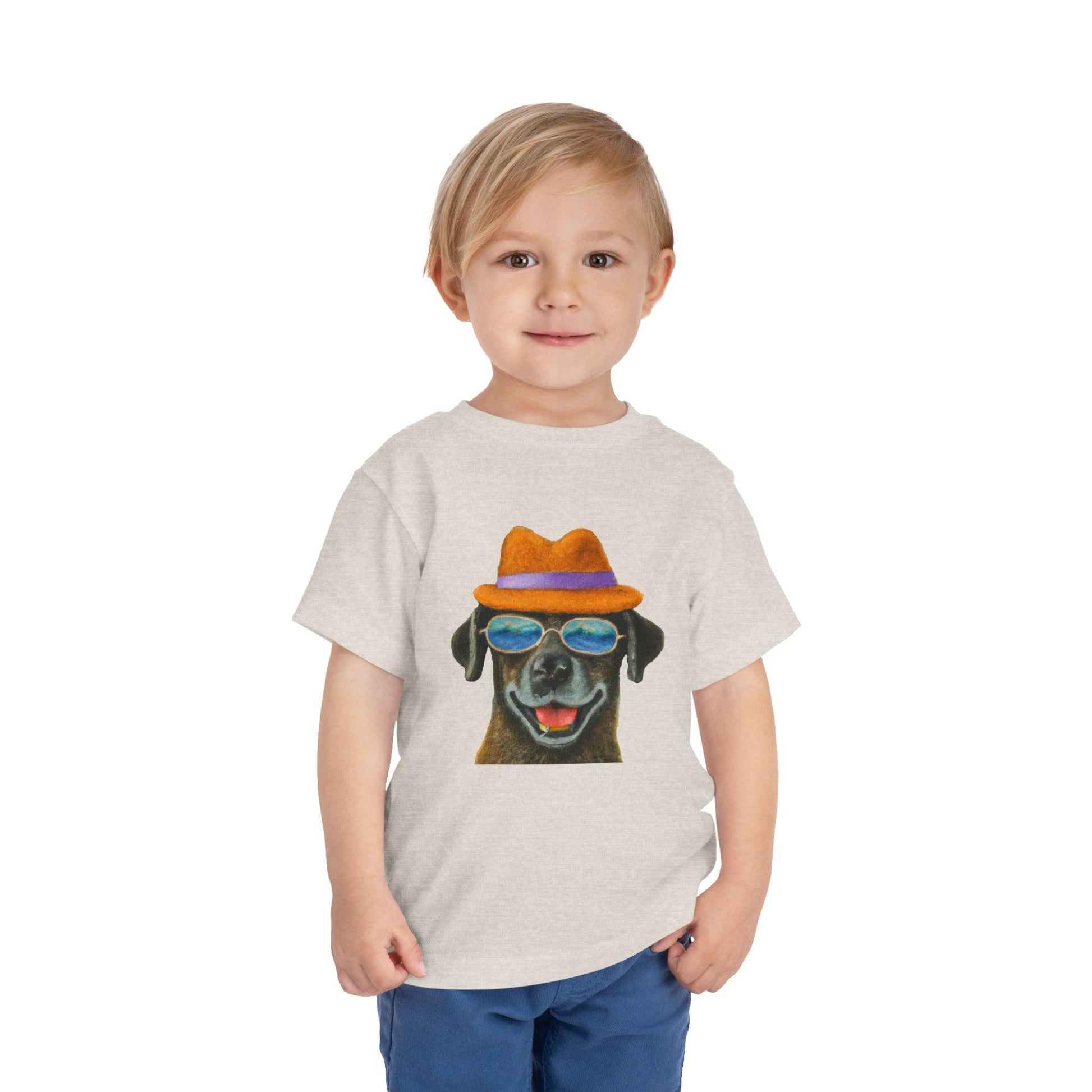 Dog at the beach wearing a hat and sunglasses painted art Toddler Short Sleeve Tee - Giftsmojo