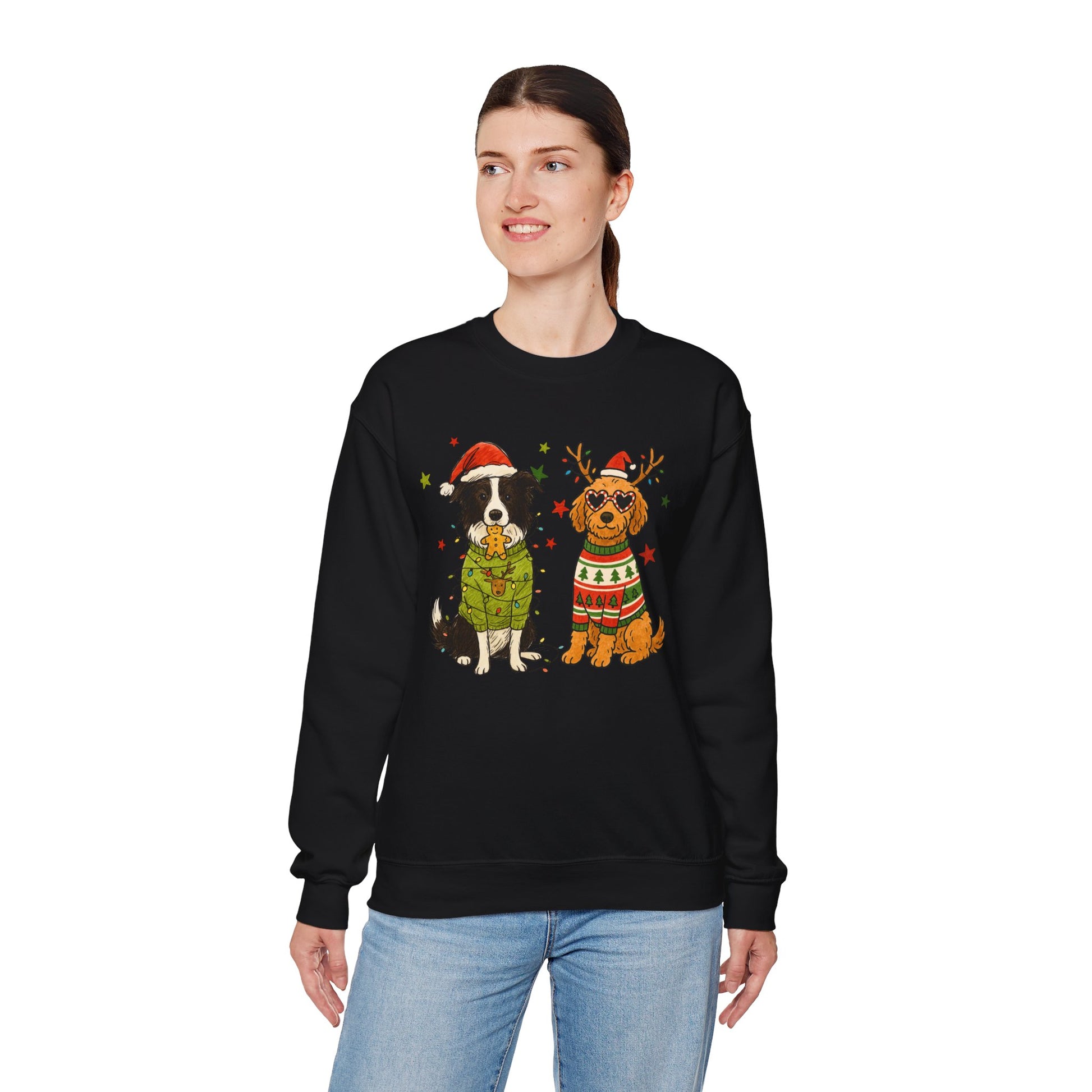 Black Christmas sweatshirt featuring two cheerful dogs in seasonal outfits, studio front view for pet lovers
Red fleece crew with two-dog holiday illustration, relaxed unisex fit shown flat on a clean product backdrop