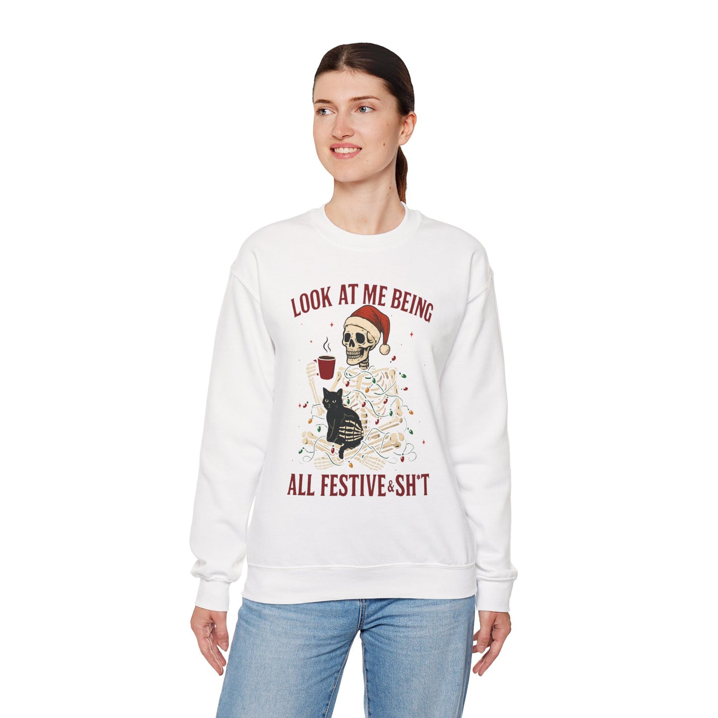 white fleece crew with high-contrast skeleton design and readable lettering, ribbed collar and cuffs visible