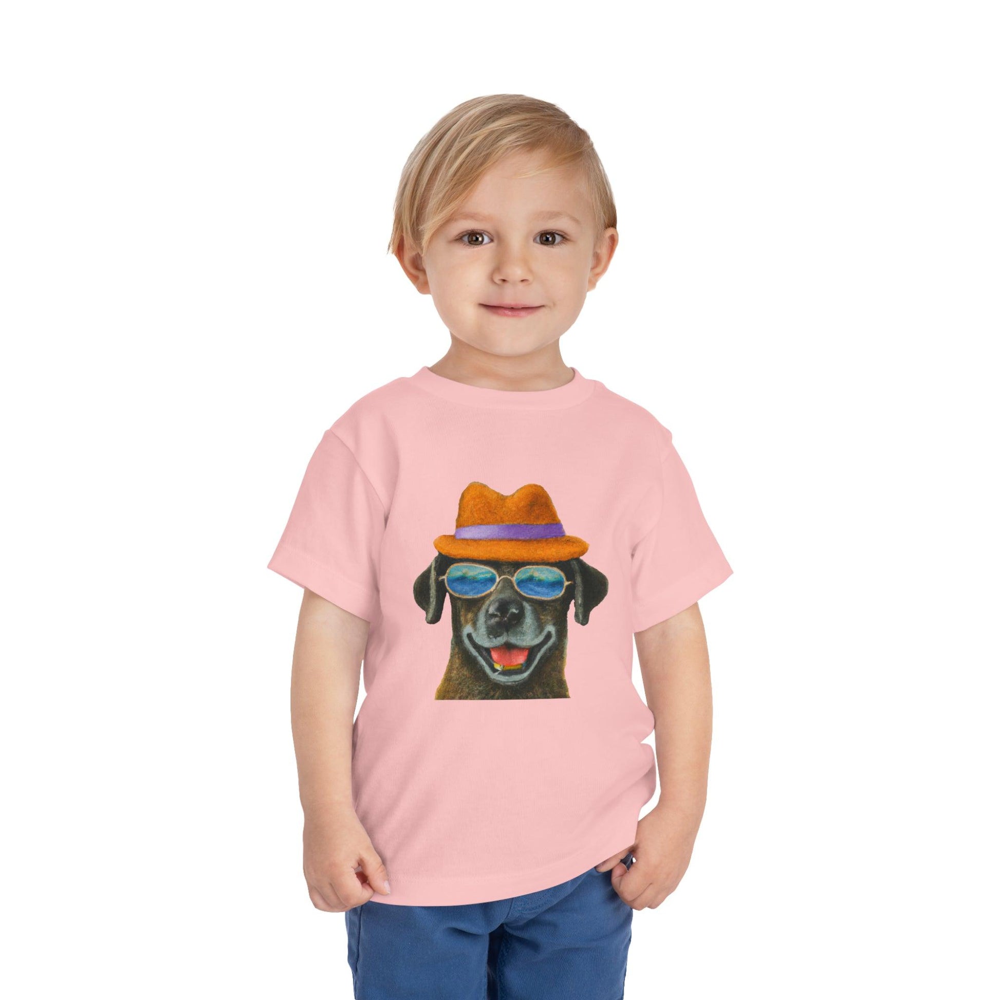 Dog at the beach wearing a hat and sunglasses painted art Toddler Short Sleeve Tee - Giftsmojo