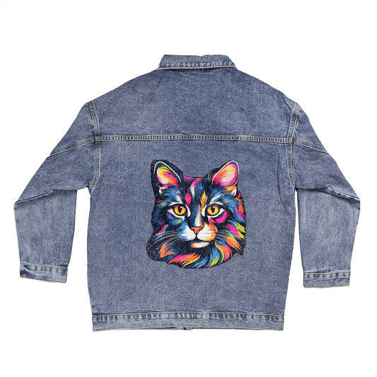 Oversized Women's DTG Denim Jacket for Cat Moms or Cat Lovers