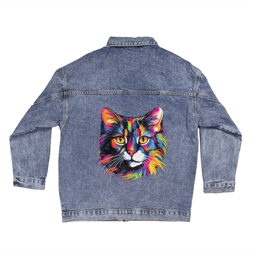 Colorful Cat Oversized Denim Jacket For Women