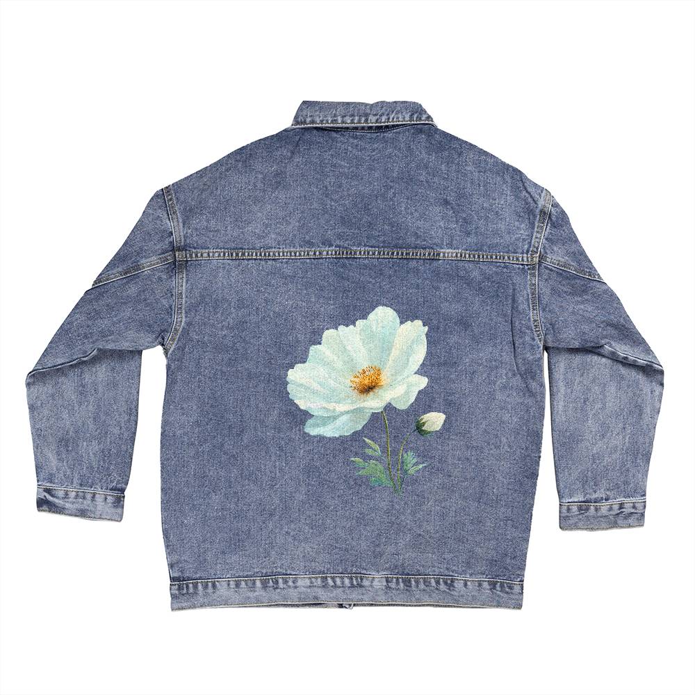 White Flower Oversized Women's Denim Jacket