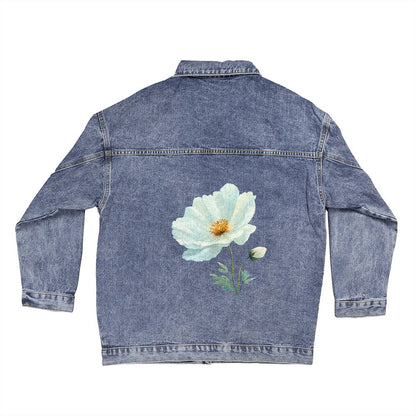 White Flower Oversized Women's Denim Jacket