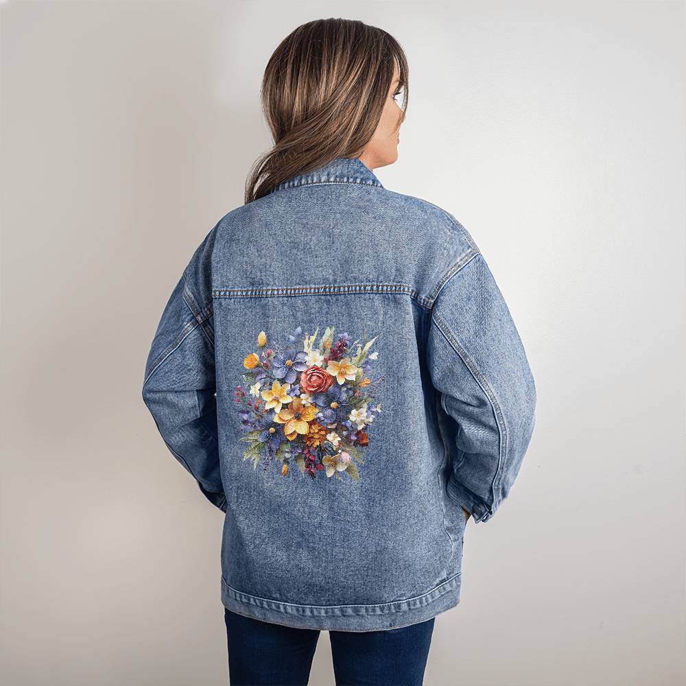 Custom Floral Bouquet Oversized  Denim Jacket For Women