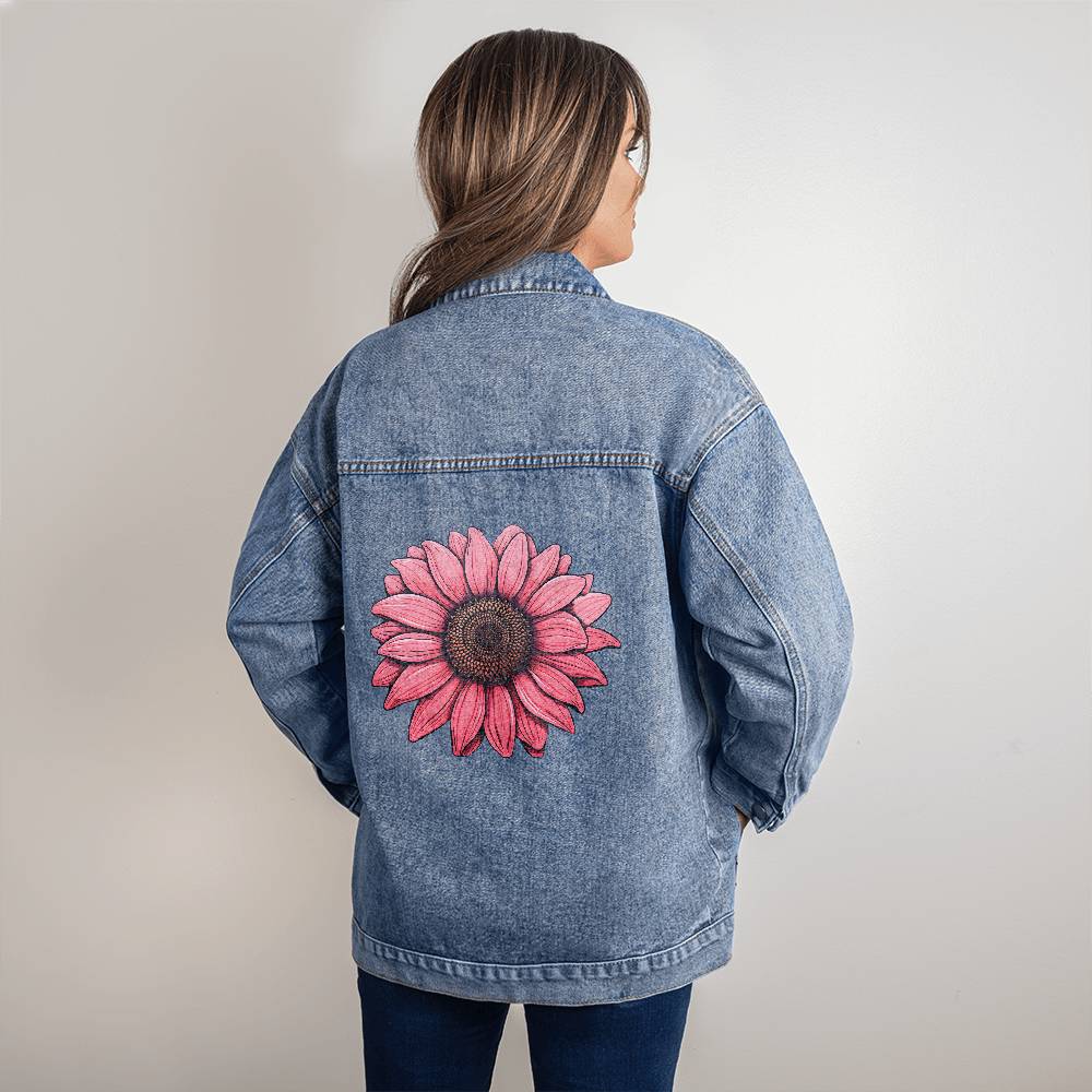 Custom Pink Sunflower Oversized Women's Denim Jacket