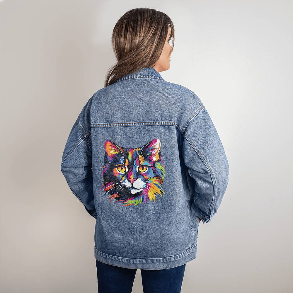 Colorful Cat Oversized Denim Jacket For Women