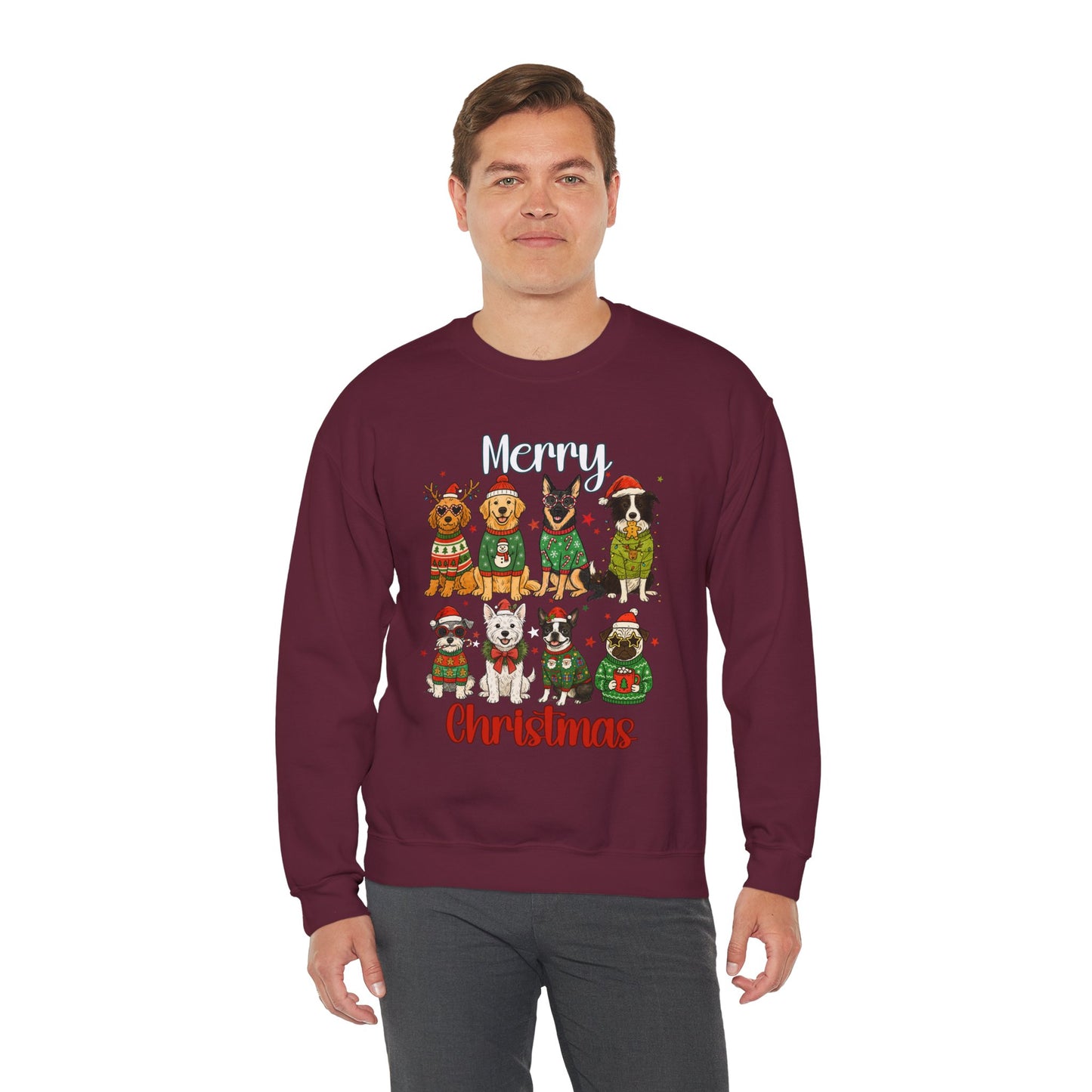 Close-up of dogs graphic on maroon Christmas sweatshirt, durable print with ribbed collar and cuffs visible