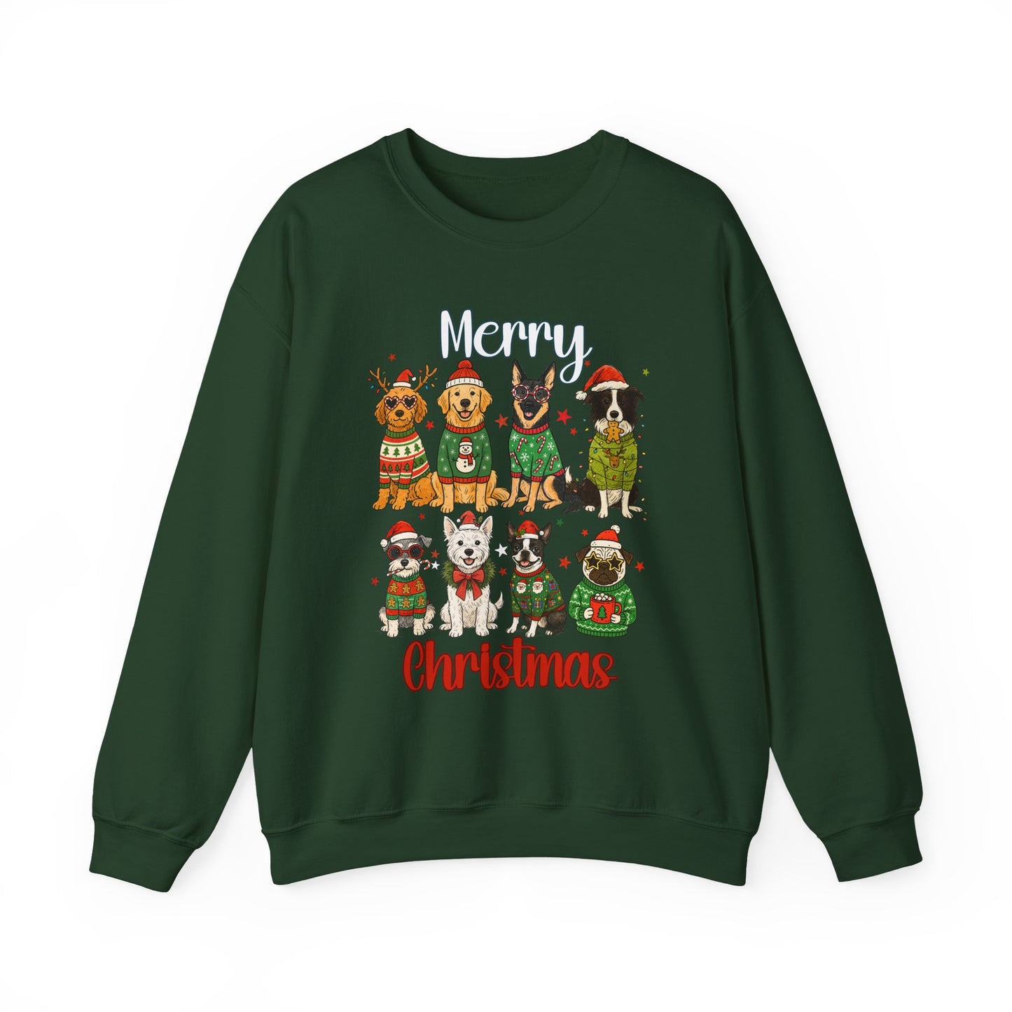 Forest green unisex crewneck sweatshirt with 8 dogs in holiday sweaters, “Merry Christmas” text, front view on white background