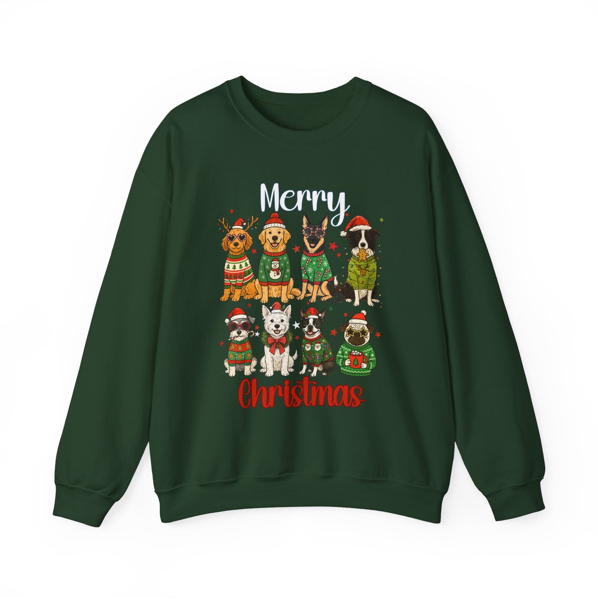 Forest green unisex crewneck sweatshirt with 8 dogs in holiday sweaters, “Merry Christmas” text, front view on white background