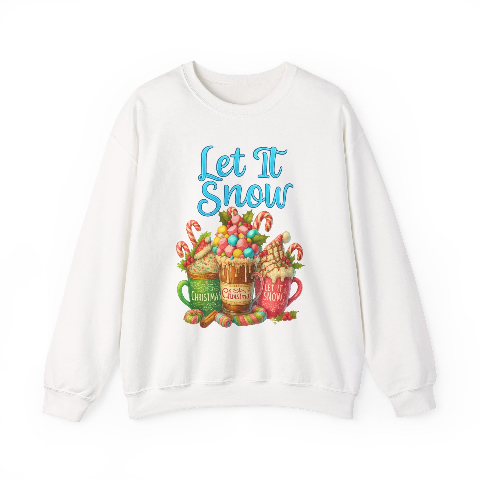Unisex fleece crewneck with steaming mug and Let It Snow text