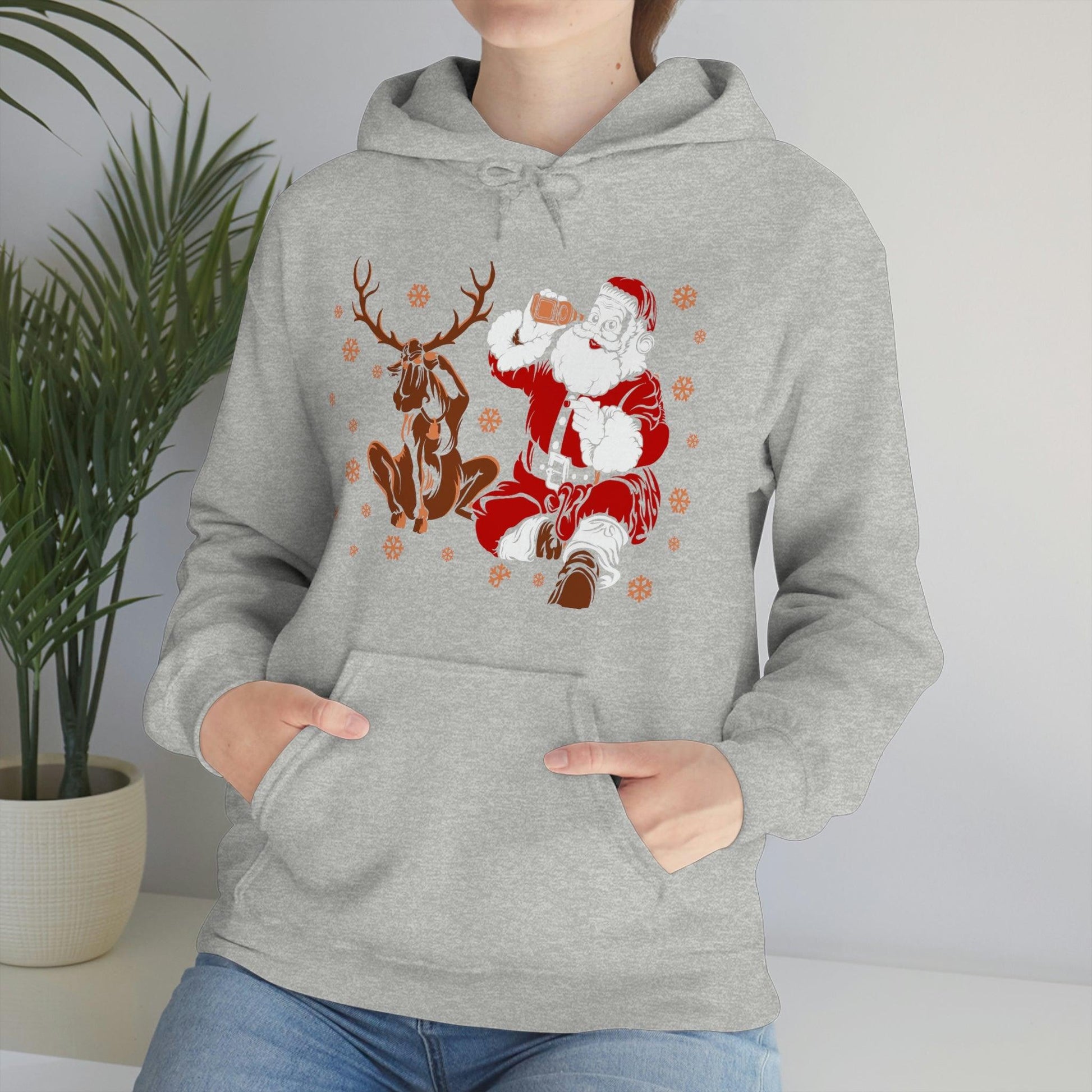 Santa and Reindeer Hooded Sweatshirt Christmas Shirt Funny Christmas Sweatshirt Christmas Gifts Santa Drinking Beer - Giftsmojo