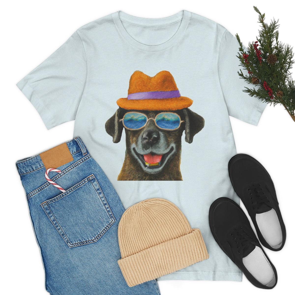 Dog at the beach wearing a hat and sunglasses arts T-shirt for women - Giftsmojo