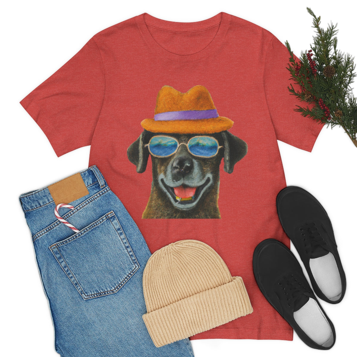 Dog at the beach wearing a hat and sunglasses arts T-shirt for women