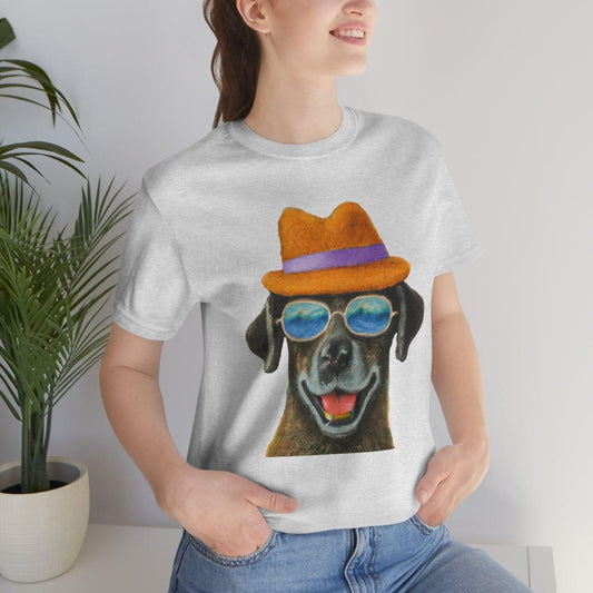 Dog at the beach wearing a hat and sunglasses arts T-shirt for women - Giftsmojo