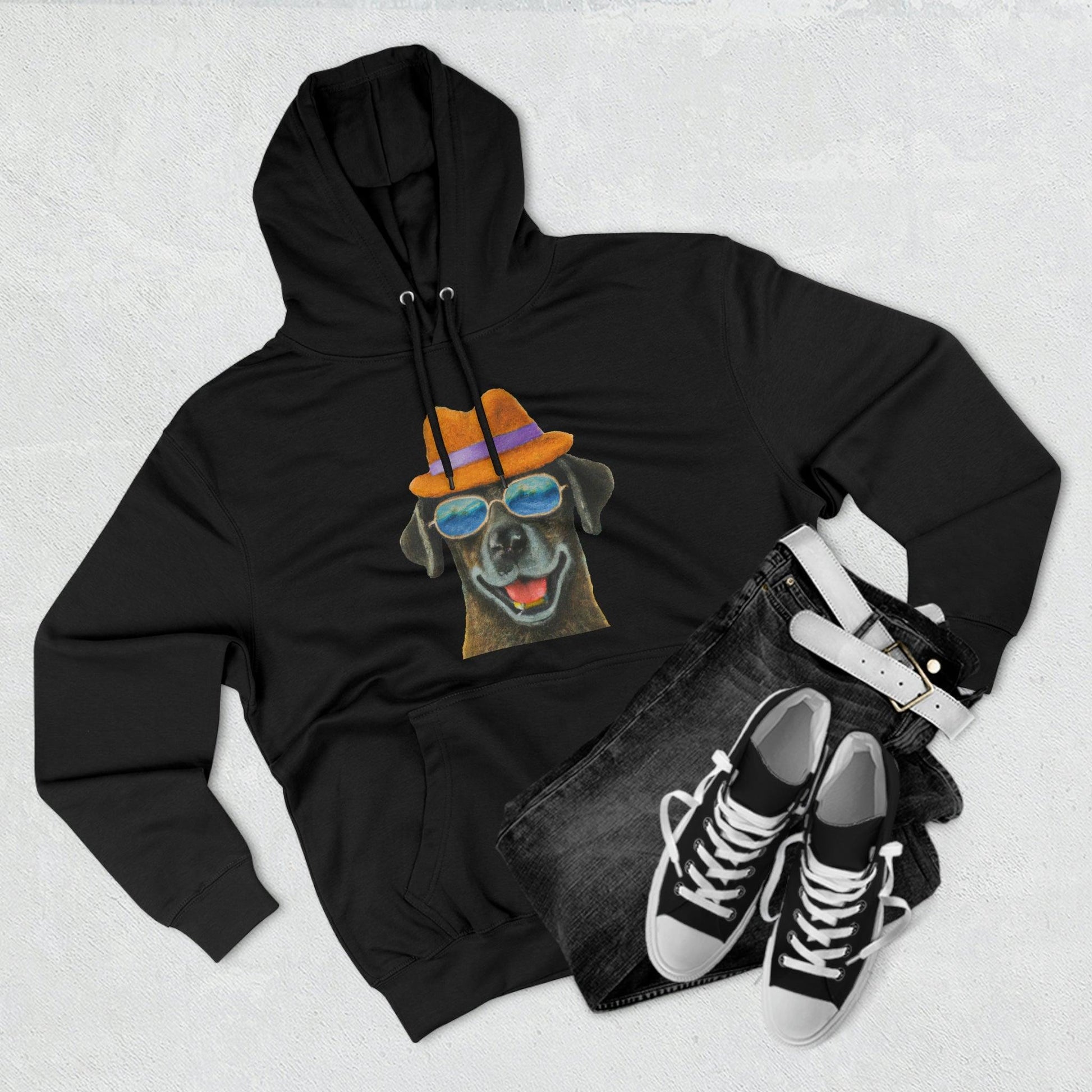 Dog at the beach wearing a hat and sunglasses painted arts Premium Pullover Hoodie - Giftsmojo