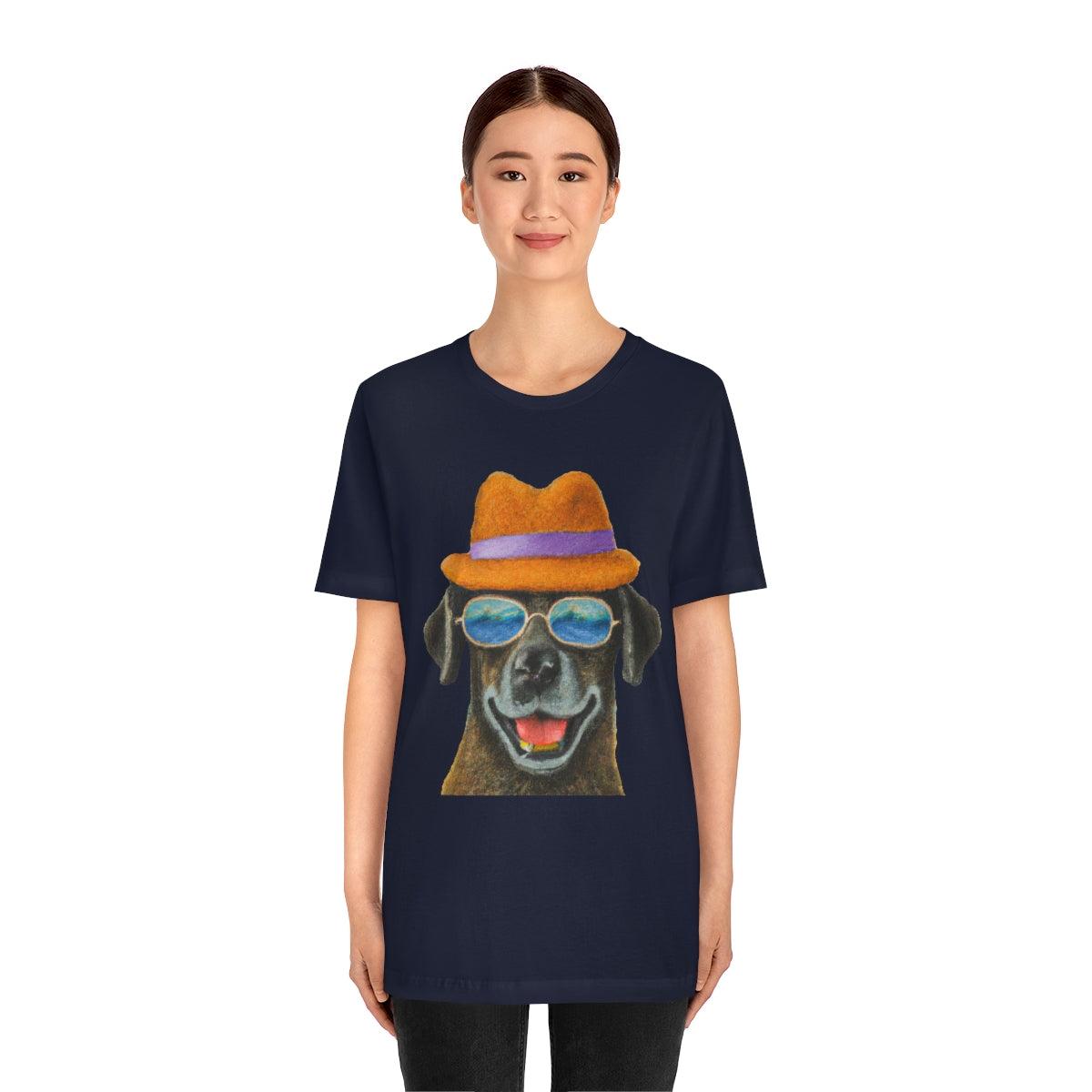 Dog at the beach wearing a hat and sunglasses arts T-shirt for women - Giftsmojo