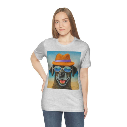 Dog with glasses and hat by the beach painting on ladies Tshirt - Giftsmojo