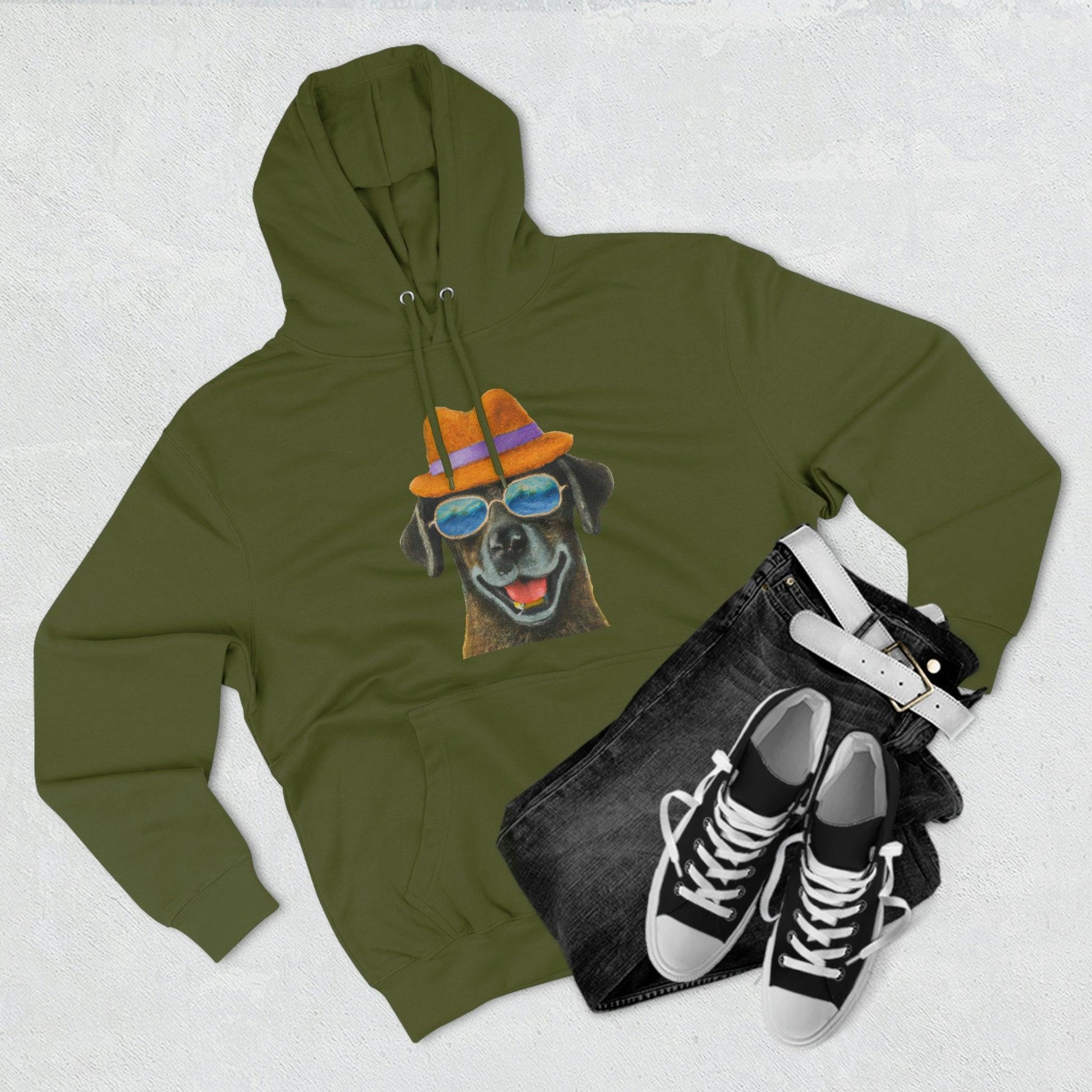 Dog at the beach wearing a hat and sunglasses painted arts Premium Pullover Hoodie - Giftsmojo