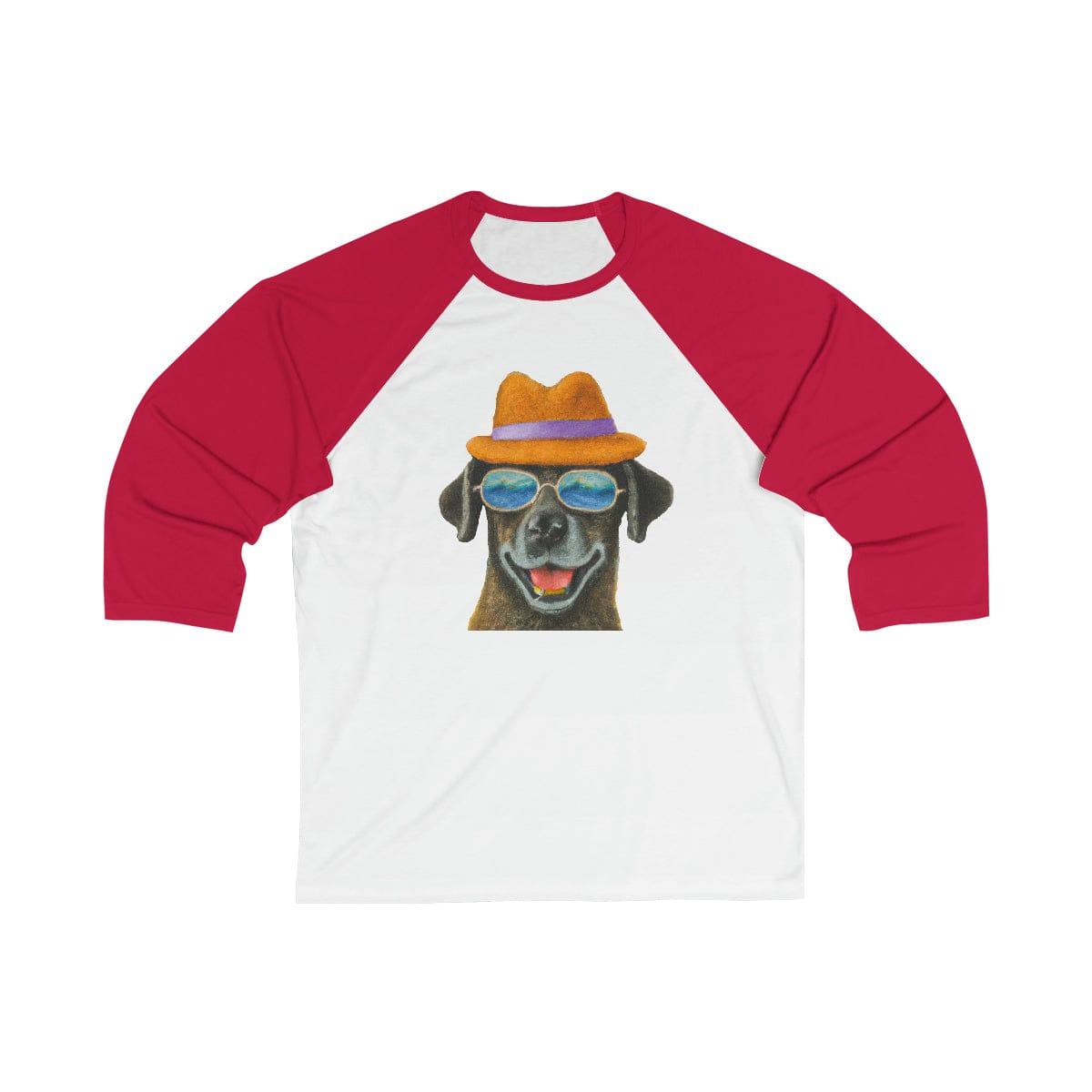 Dog at the beach wearing a hat and sunglasses arts unisex 3\4 Sleeve Baseball Tee for women