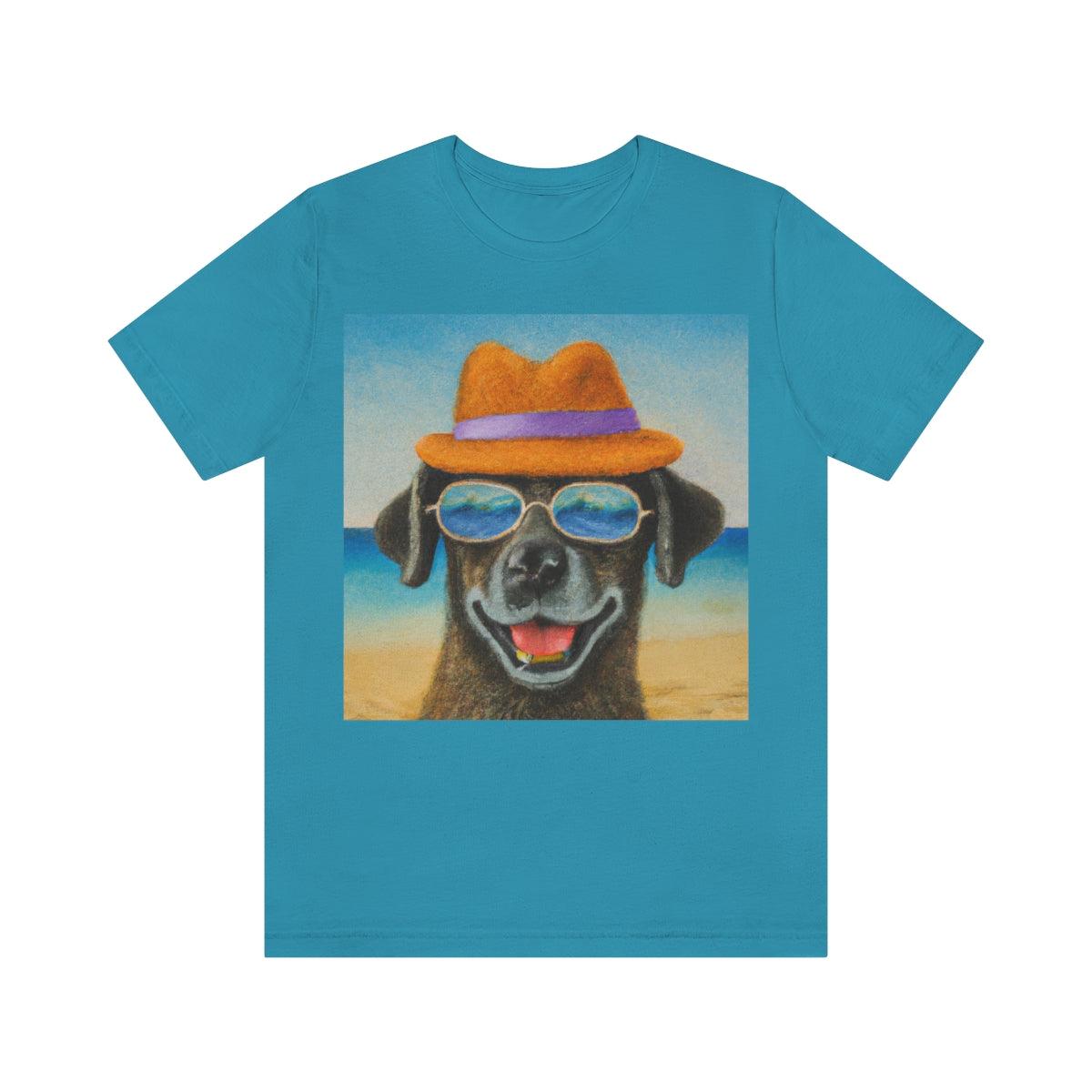 Dog with glasses and hat by the beach painting on ladies Tshirt - Giftsmojo