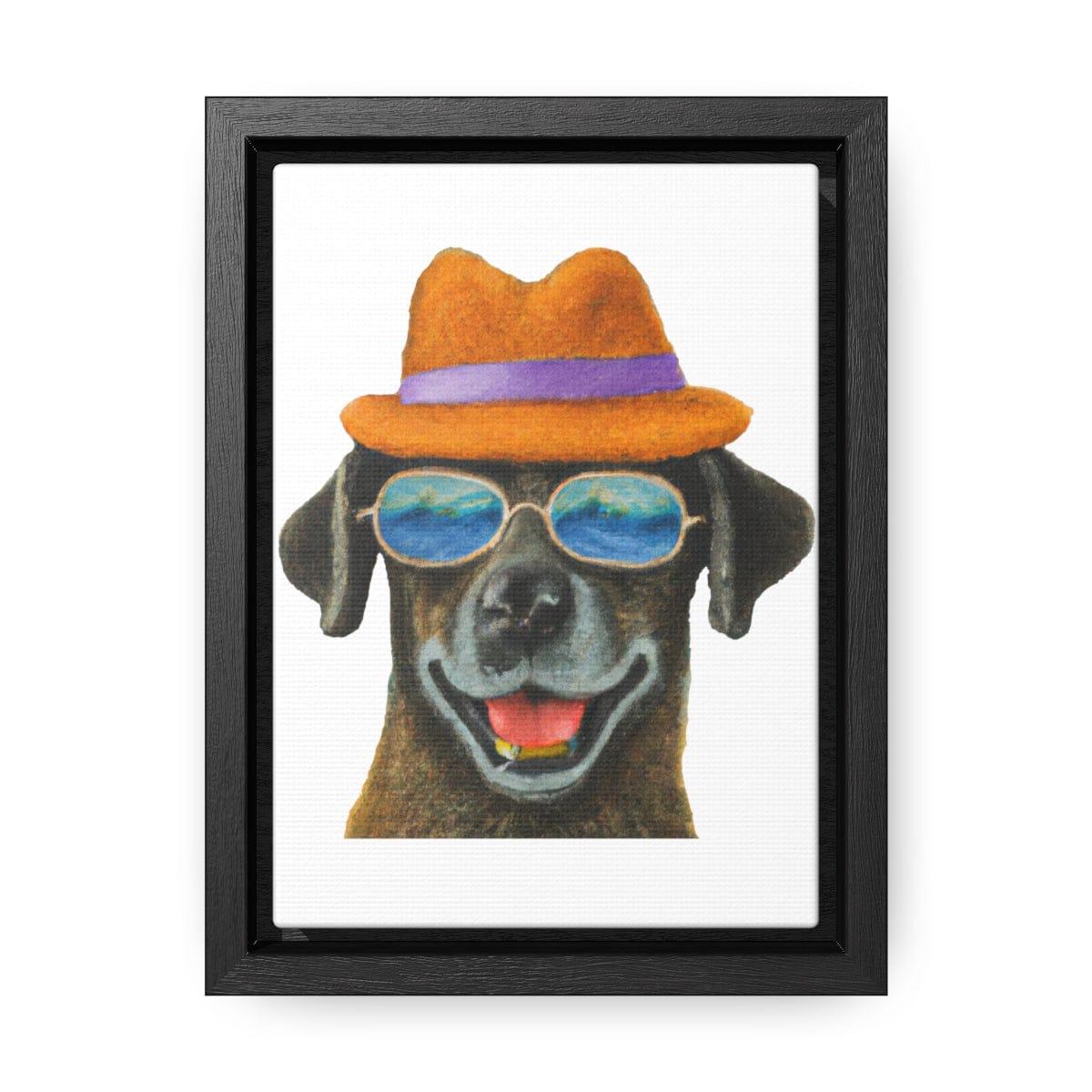 Dog at the beach wearing a hat and sunglasses painted art Gallery Canvas Wraps, Vertical Frame - Giftsmojo