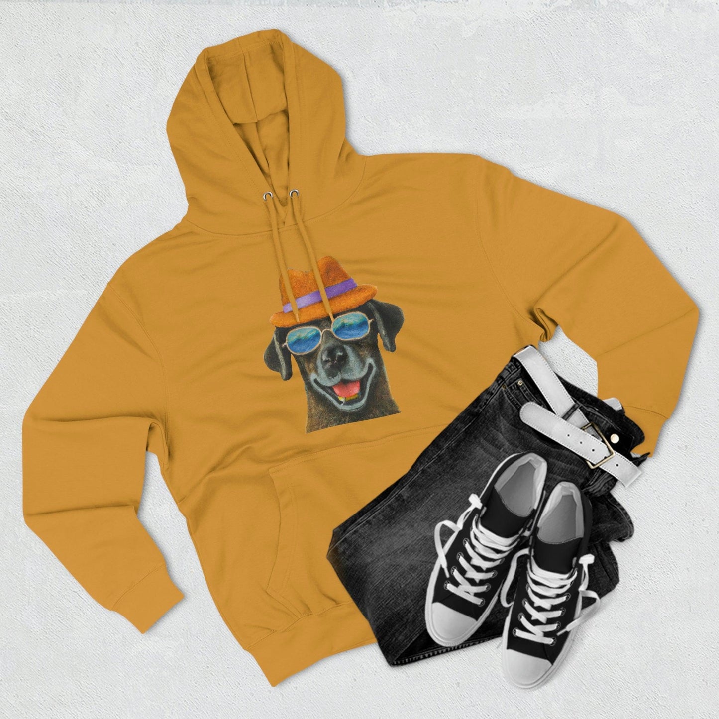 Dog at the beach wearing a hat and sunglasses painted arts Premium Pullover Hoodie - Giftsmojo