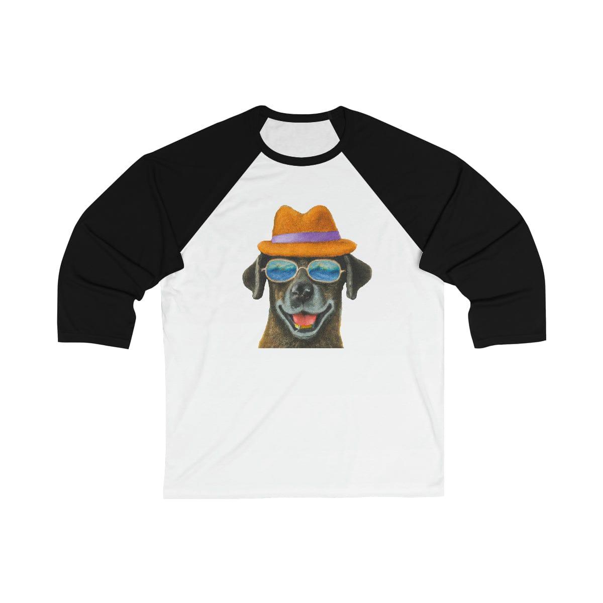 Dog at the beach wearing a hat and sunglasses arts unisex 3\4 Sleeve Baseball Tee for women - Giftsmojo