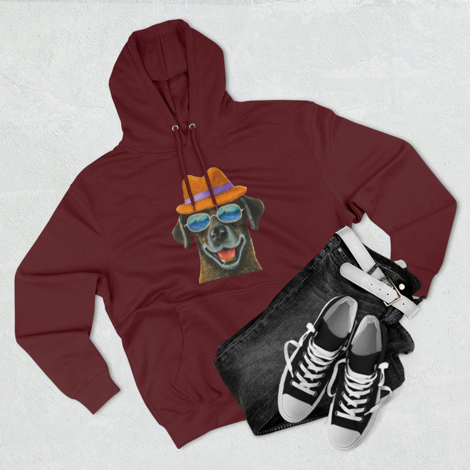 Dog at the beach wearing a hat and sunglasses painted arts Premium Pullover Hoodie - Giftsmojo