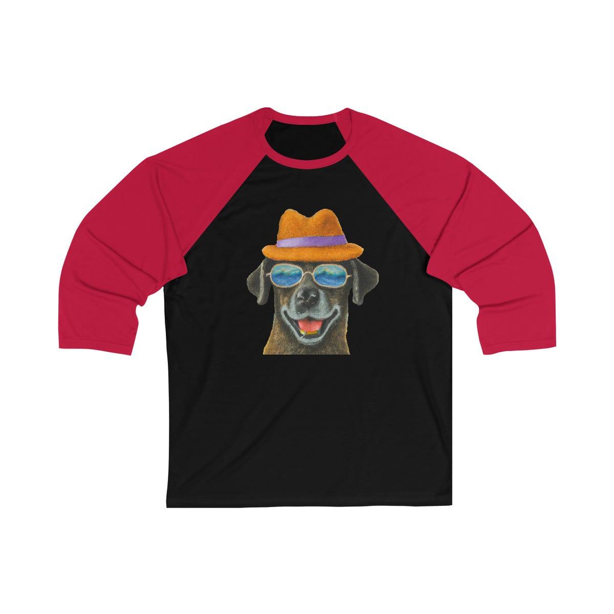 Dog at the beach wearing a hat and sunglasses arts unisex 3\4 Sleeve Baseball Tee for women