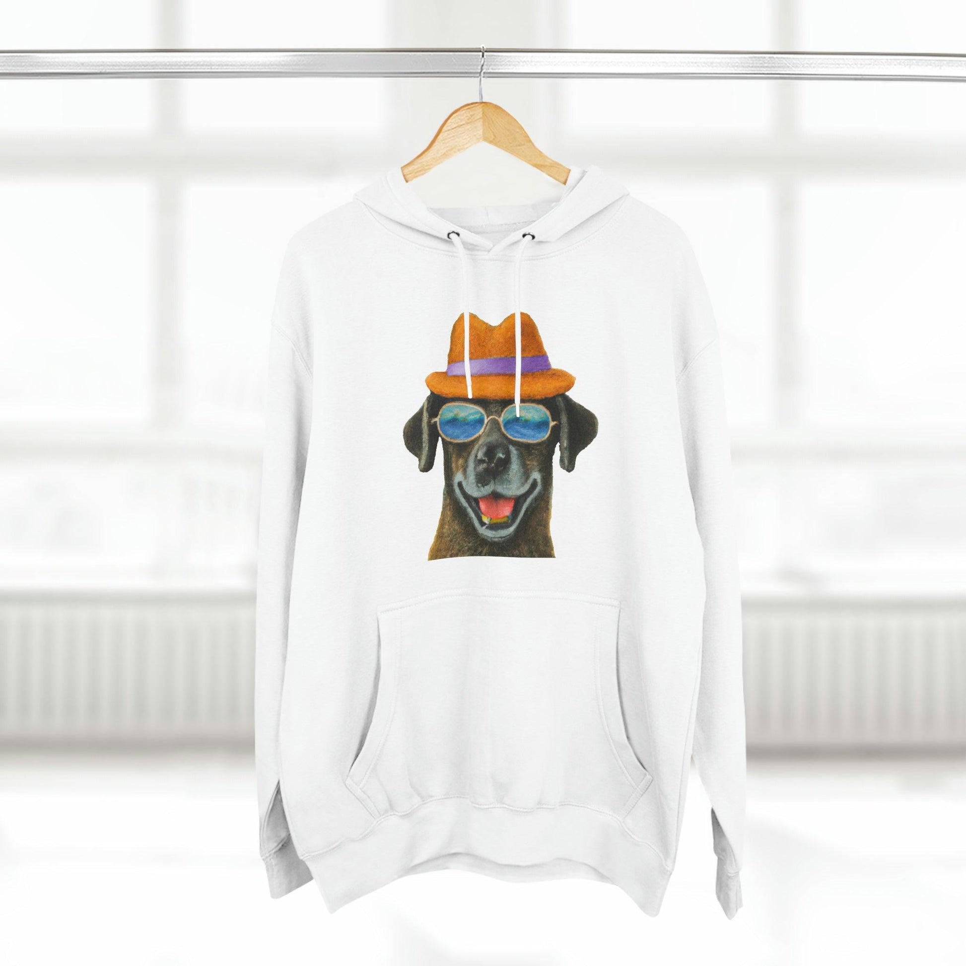 Dog at the beach wearing a hat and sunglasses painted arts Premium Pullover Hoodie - Giftsmojo