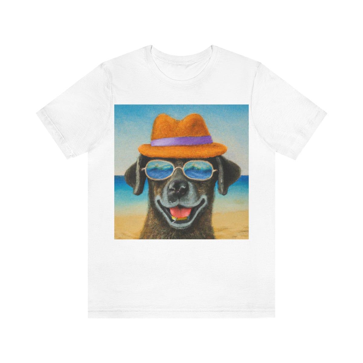 Dog with glasses and hat by the beach painting on ladies Tshirt - Giftsmojo