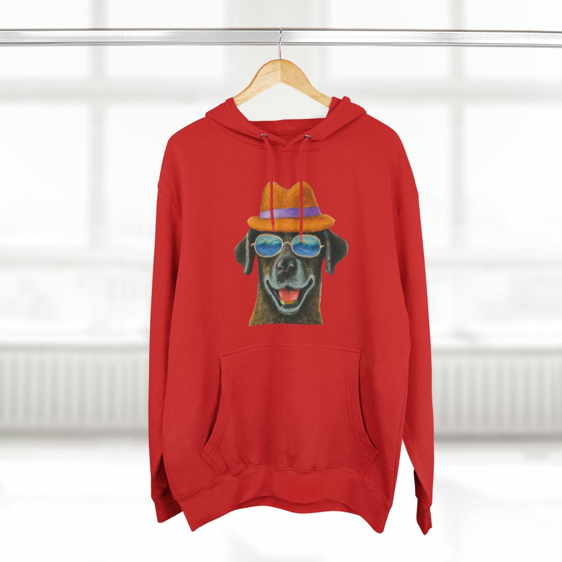 Dog at the beach wearing a hat and sunglasses painted arts Premium Pullover Hoodie - Giftsmojo