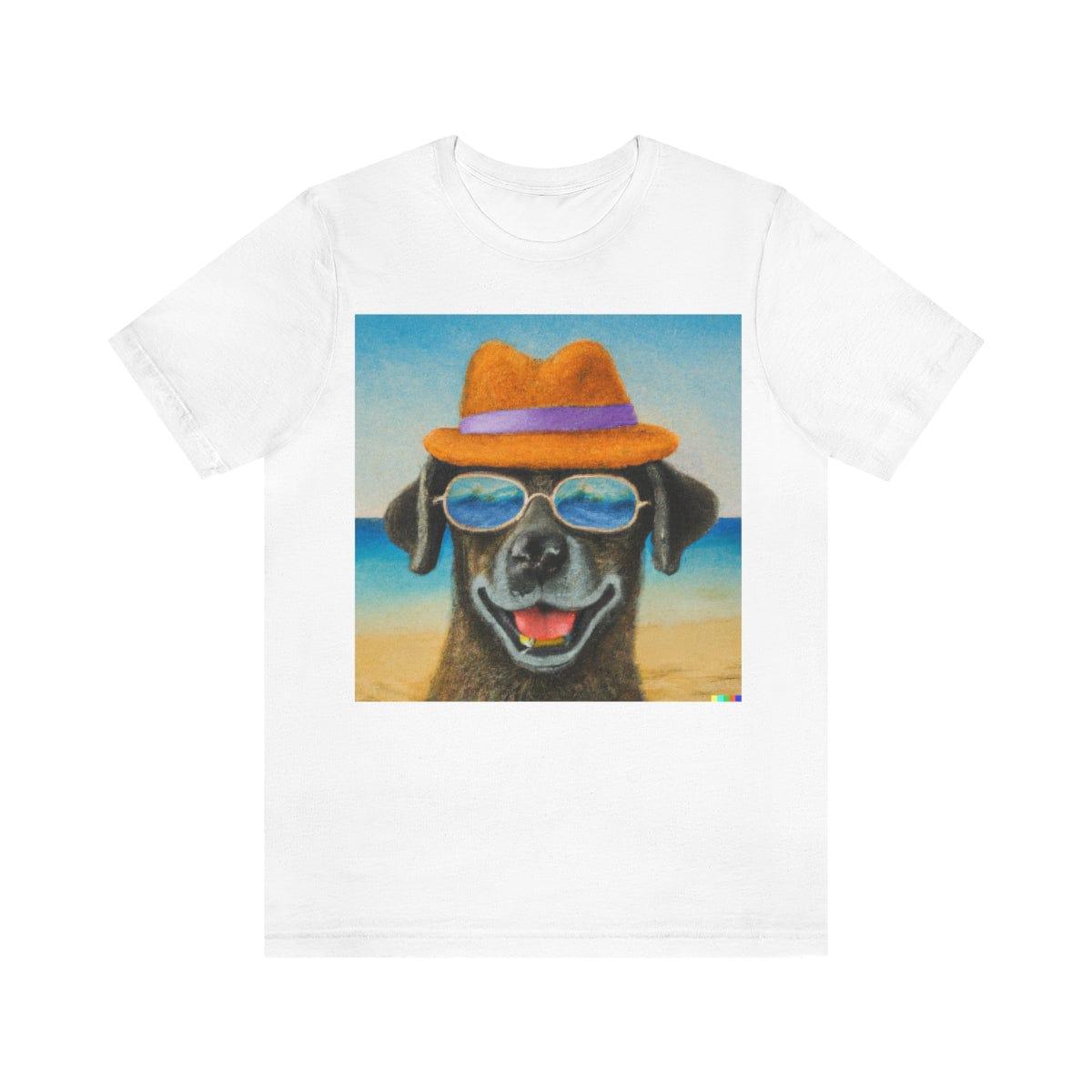Dog at the beach wearing a hat and sunglasses arts Tshirt - Giftsmojo
