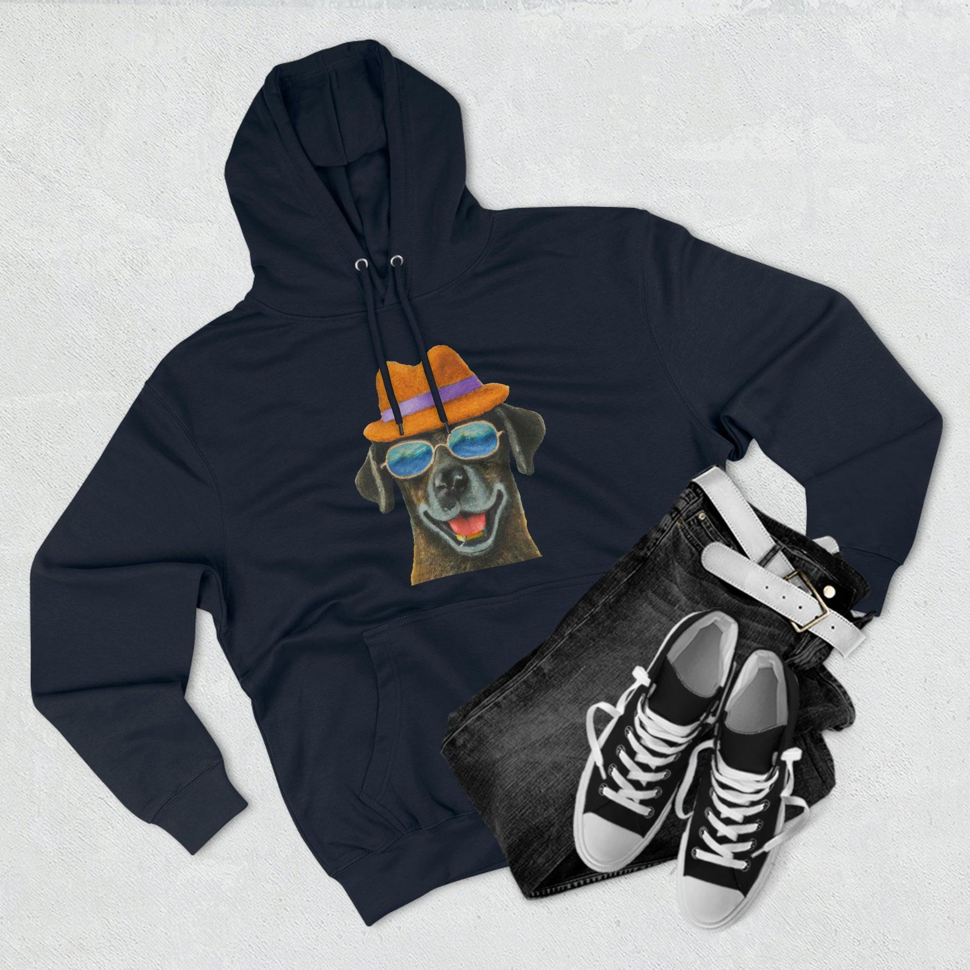 Dog at the beach wearing a hat and sunglasses painted arts Premium Pullover Hoodie - Giftsmojo