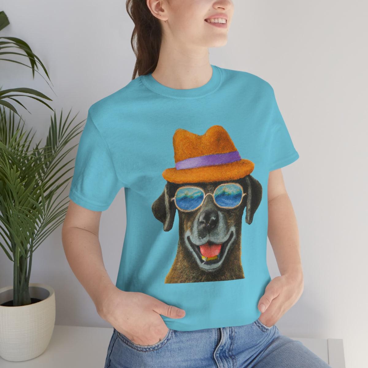 Dog at the beach wearing a hat and sunglasses arts T-shirt for women - Giftsmojo