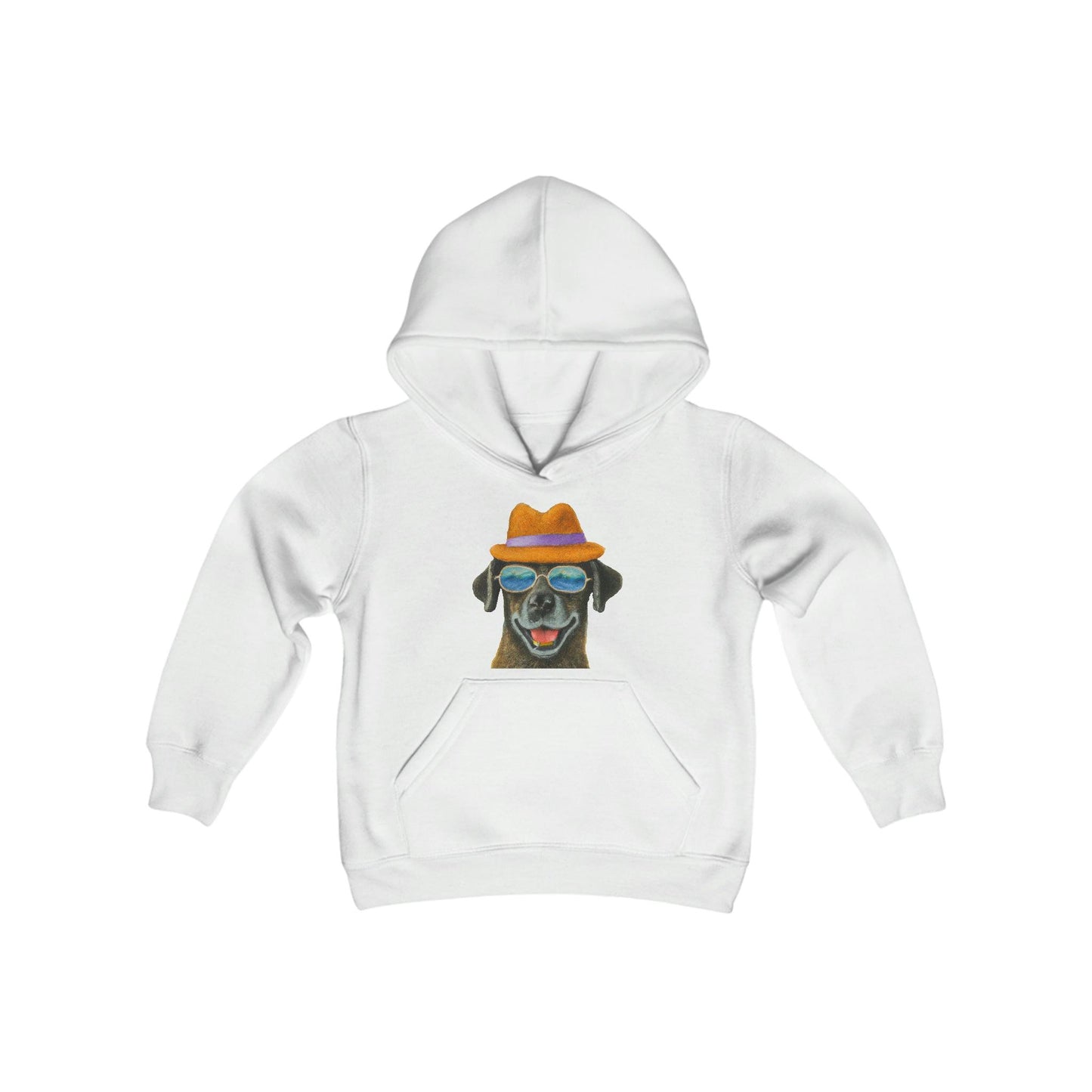 Dog at the beach wearing a hat and sunglasses painted art Youth Heavy Blend Hooded Sweatshirt