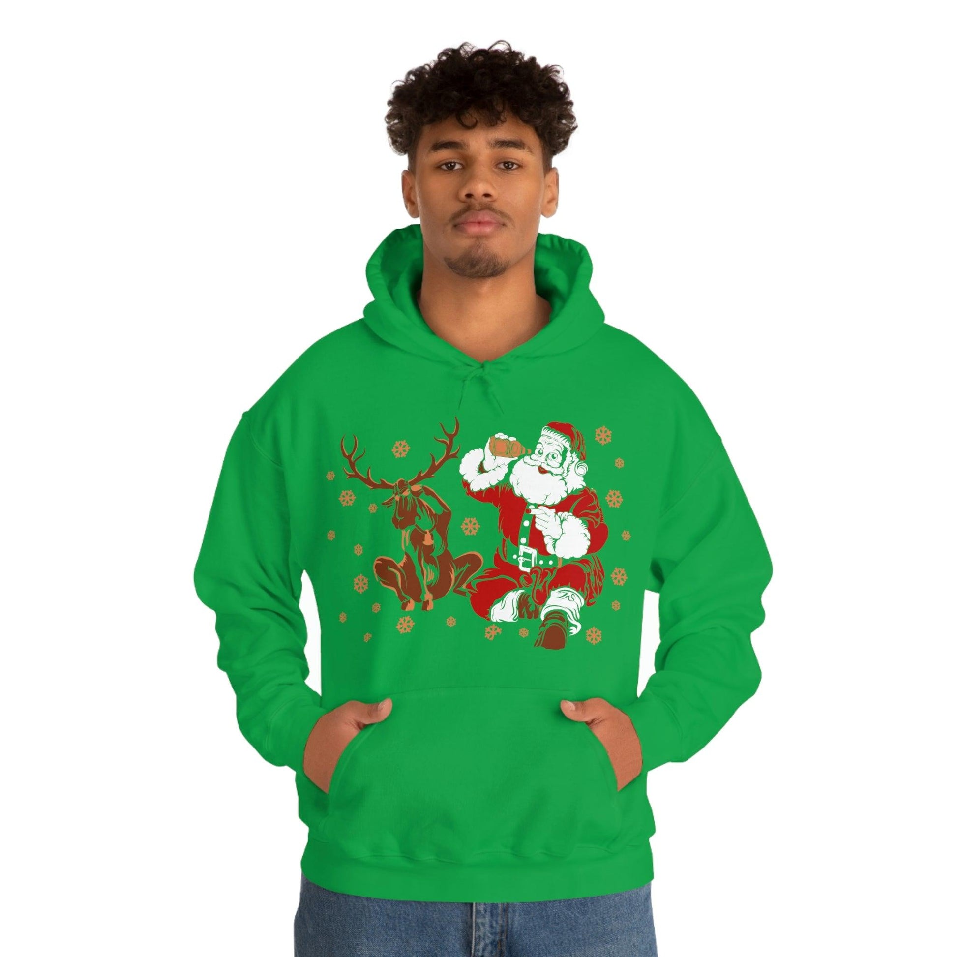 Santa and Reindeer Hooded Sweatshirt Christmas Shirt Funny Christmas Sweatshirt Christmas Gifts Santa Drinking Beer - Giftsmojo