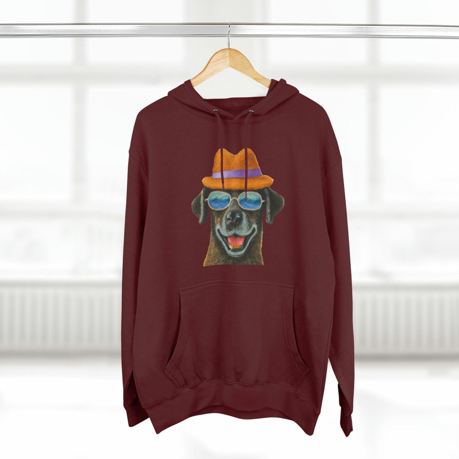 Dog at the beach wearing a hat and sunglasses painted arts Premium Pullover Hoodie - Giftsmojo