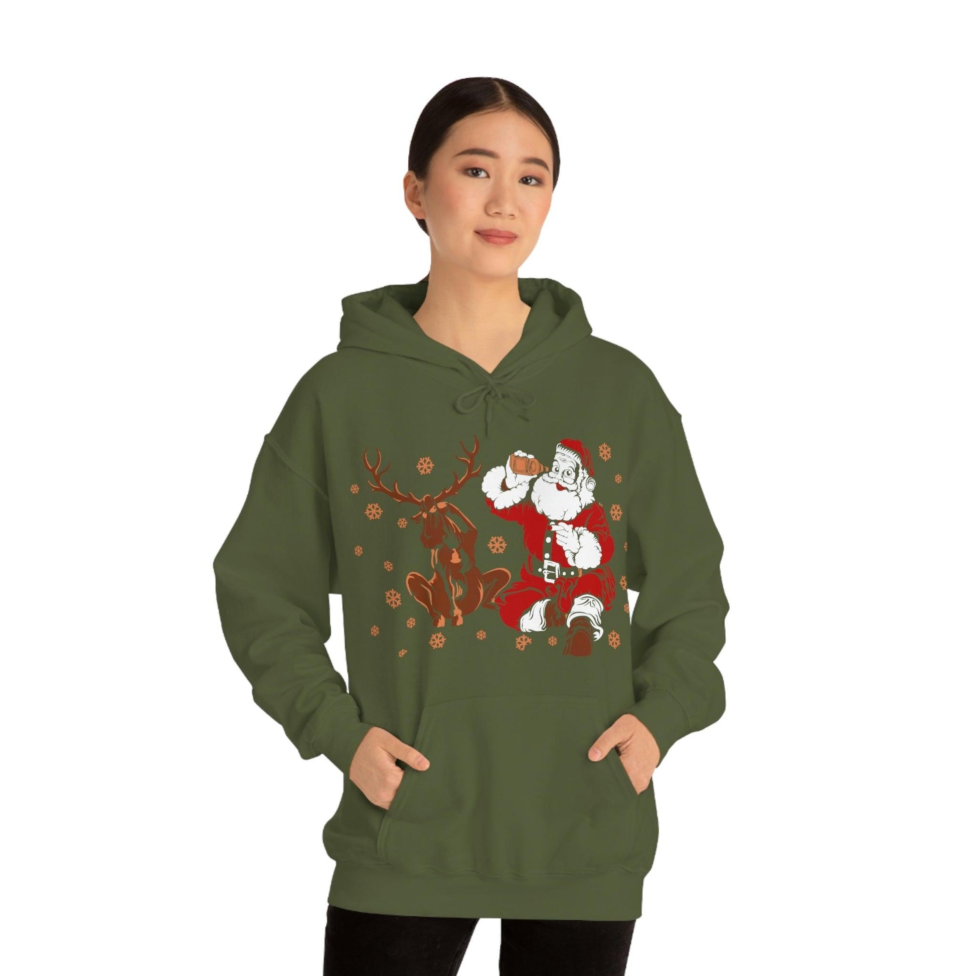 Santa and Reindeer Hooded Sweatshirt Christmas Shirt Funny Christmas Sweatshirt Christmas Gifts Santa Drinking Beer - Giftsmojo