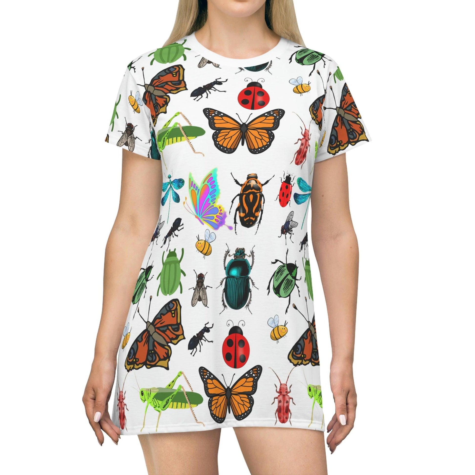 Bug T-Shirt Dress Bugs shirt, Bug Print Colorful Shirt, Spring Shirts, Bug Print Shirts, colorfull t-shirt dress, Shirts for Women - Giftsmojo